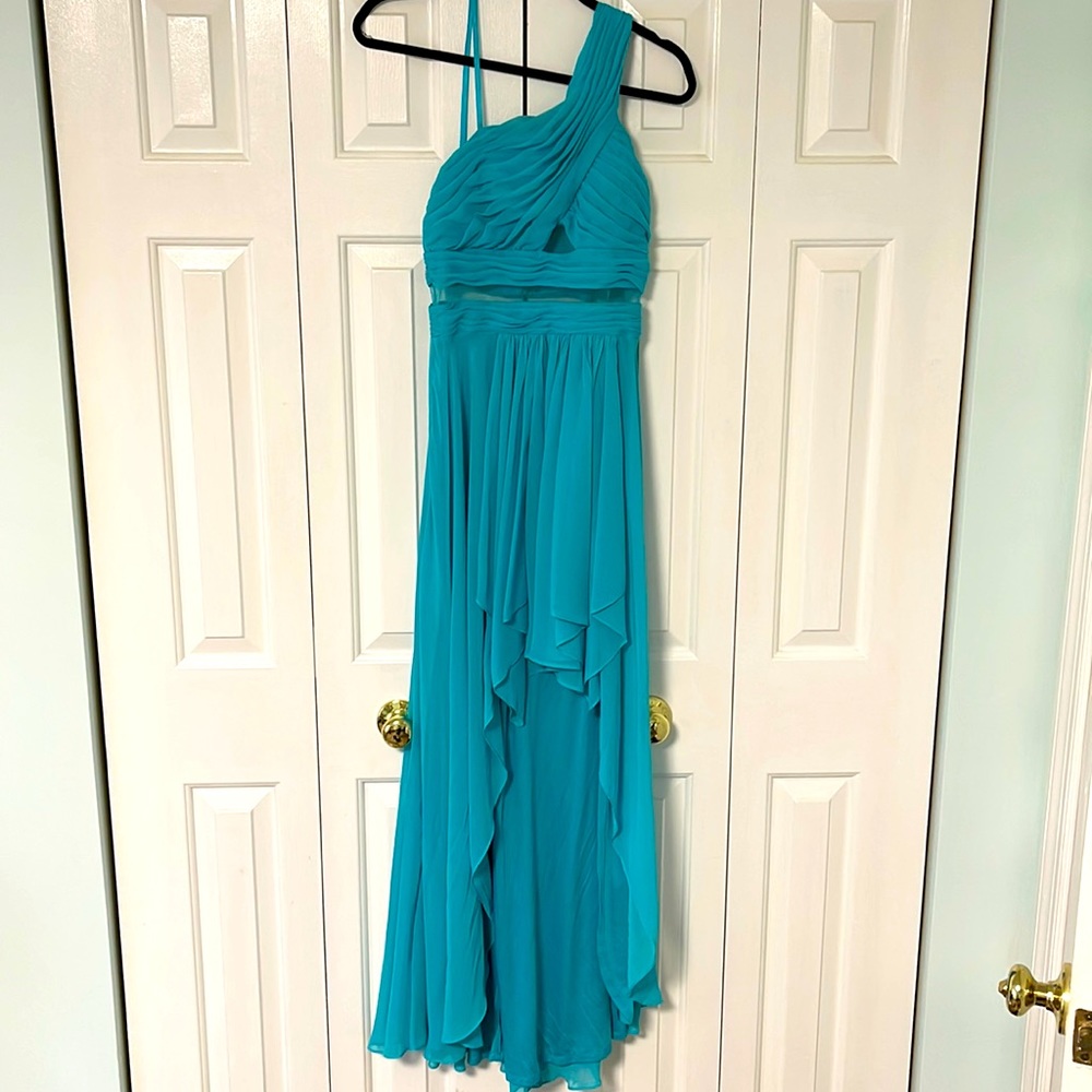 One shoulder aqua dress